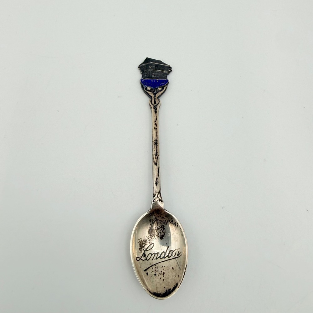 Vintage London Old Curiosity Shop Souvenir Spoon Blue Enamel Made in England